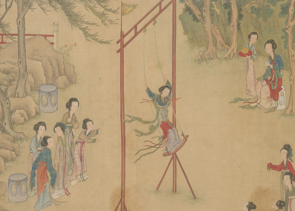 清代的《古代仕女行樂圖》眾女圍觀在盪鞦韆的女性。（圖片來源：香港文化博物館網站）